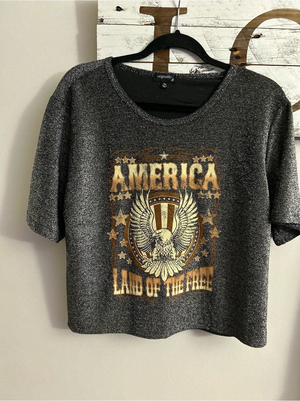 Women's Gray Metallic 'America' Graphic Tee - Land of the Free